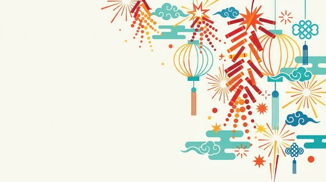 Chinese New Year Vector Background with Firecrackers and Lanterns