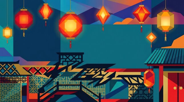 Geometric Illustration of Chinese Lanterns and Traditional Architecture