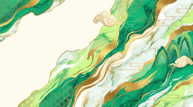 Green and Gold Marble Background with Traditional Chinese Mountain Motif