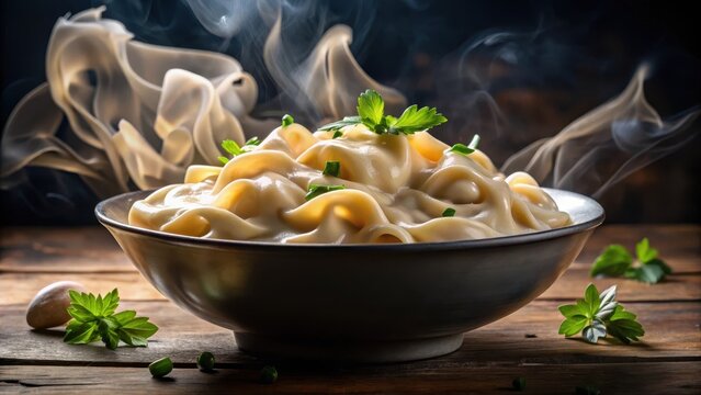 A steaming bowl of rich velvety pasta dish sat before her its swirling splash of creamy white sauce