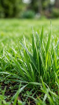 Blades of green grass, glistening like tiny jewels after a refreshing morning rain.