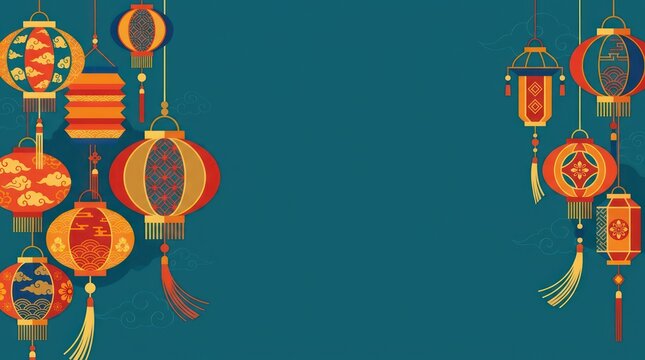 Hanging Chinese Lanterns Background with Copy Space for Lunar New Year