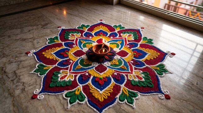 Colorful traditional rangoli art pattern on marble floor with a glowing clay diya lamp in the center for Diwali festival decoration