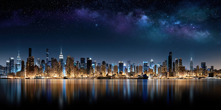 Night city skyline modern skyscraper cityscape reflection waterfront light starry sky milky way urban panorama futuristic architecture night horizon glowing building Night city skyline with modern