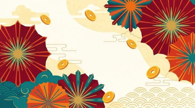 Chinese New Year Background with Traditional Fans and Gold Coins