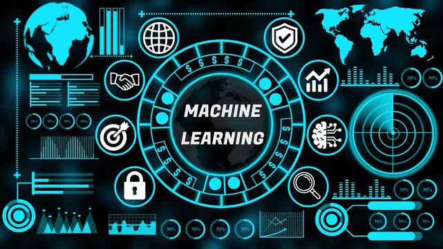 Strategic machine learning concept with interconnected business technology internet icons supporting enterprise decision making and growth. 4k animation video 