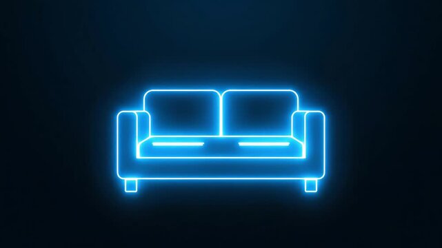 Blue neon sofa sign glowing on dark background