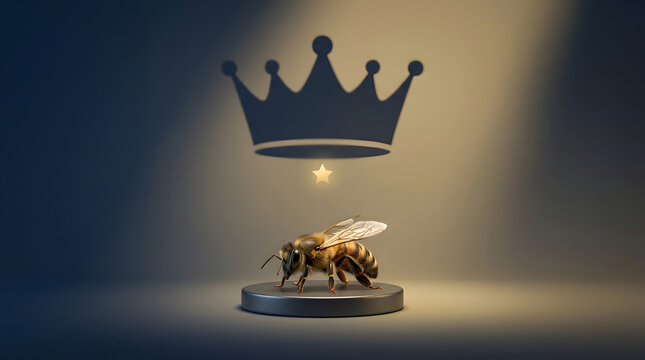 Honey bee, success and leadership with crown on pedestal for business growth, achievement and goal. Insect, royalty and winner in spotlight with motivation, champion and excellence for power and fame