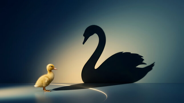 Duckling, swan shadow and ambition with potential for future success, growth and dreaming big. Personal development, transformation and goal setting with animal, motivation and inner strength.