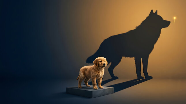 Puppy, wolf shadow and ambition with potential for growth, leadership and strength. Small dog, silhouette and wall with hidden power, future success and courage for marketing, goal and business