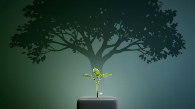 Growth, potential and success with sprout for business development, future vision and investment. New beginning, sapling and shadow of large tree for leadership, environmental change and goal plan