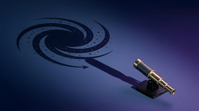 Telescope, galaxy and astronomy shadow for discovery, science research and cosmic vision. Exploration, universe and physics with stars, future goals and observation for creative marketing dreaming.