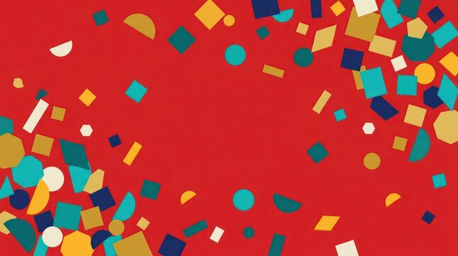 Colorful Geometric Confetti on Red Background with Center Copy Space