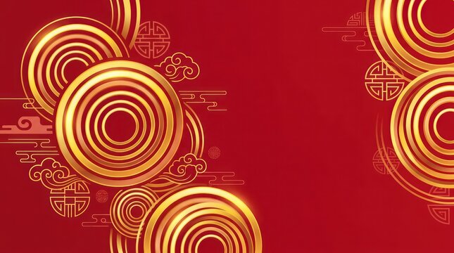 Traditional Chinese New Year Background with Golden Rings and Red Texture