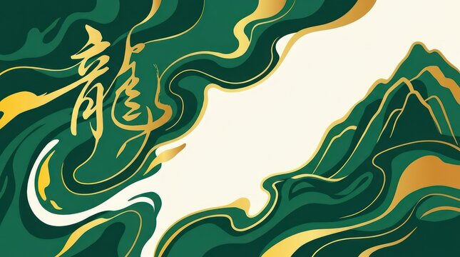 Chinese Abstract Landscape Background with Green Waves and Gold Accents