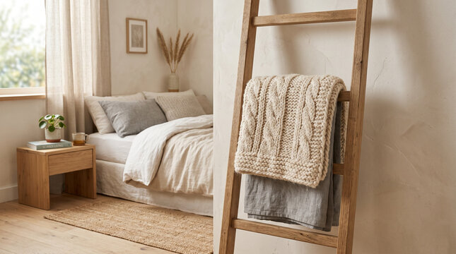 Cozy bedroom with wooden accents and soft blankets on ladder  