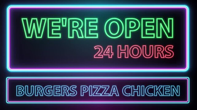 Flickering Neon We Are Open 24 Hours Restaurant Sign Animation