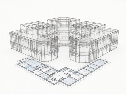 Architectural wireframe of modern shopping mall building with floor