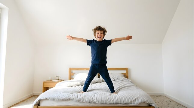 Happy boy jumping on bed in minimalist bedroom with arms outstretched