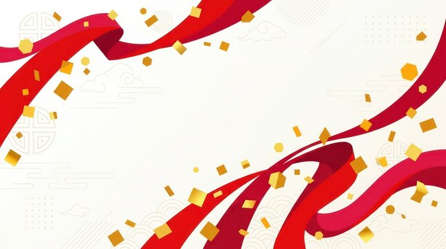 Red Ribbons and Gold Confetti Background with Asian Style Motifs