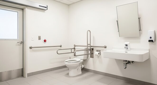 A modern accessible bathroom features a white toilet, a wall-mounted sink with a soap dispenser, and a grab bar. A mirror is positioned above the sink.