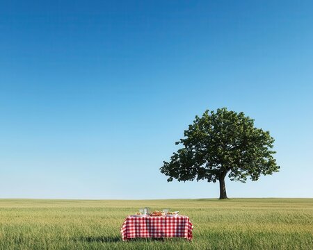 Breezy summer picnic under wide oak tree, tablecloth fluttering in the wind