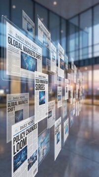 Floating digital newspapers with global headlines in a modern glass office. Represents fast information flow and media evolution. Perfect for business, finance, and technology articles.