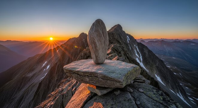 A solitary stone cairn sits atop a rugged mountain peak, bathed in the warm glow of the rising sun.