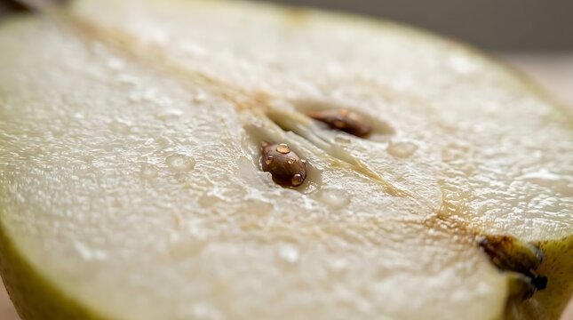 A close-up shot of a halved danjou pear showing moisture droplets on the textured fruit flesh and dark seeds with a soft shallow depth of field effect
