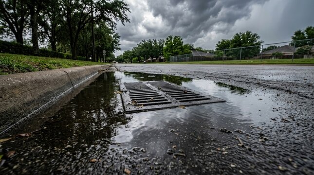 Rainwater flowing into a metal storm drain grate on a suburban street with drainage suburban precipitation stormwater infrastructure environment overflow flooding drainpipe