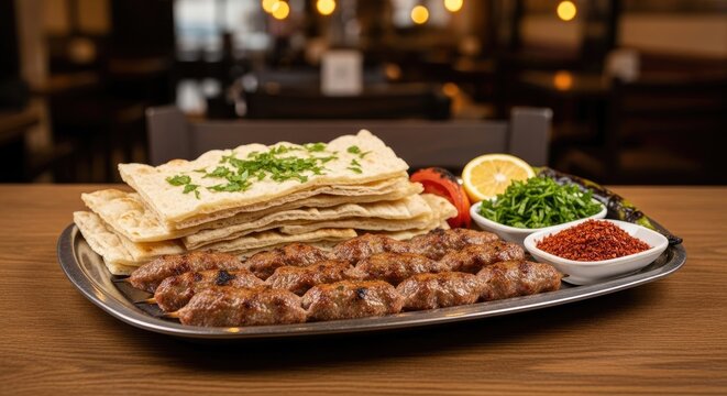A silver platter presents a generous stack of warm pita bread, garnished with fresh parsley and a wedge of lemon.