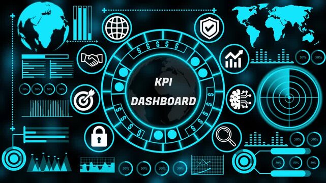 Strategic KPI dashboard concept with interconnected business technology internet icons supporting enterprise decision making and growth. 4k animation video 