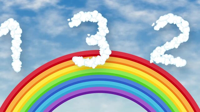 Animated Cloud Numbers Floating Over a Colorful Rainbow in Blue Sky