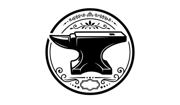Vintage blacksmith anvil vector logo emblem featuring detailed metalwork forge equipment inside a circular decorative badge for ironwork, craft workshop, and industrial branding.