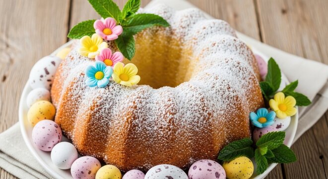 A beautifully decorated Easter cake with colorful flowers and pastel eggs on a wooden table.