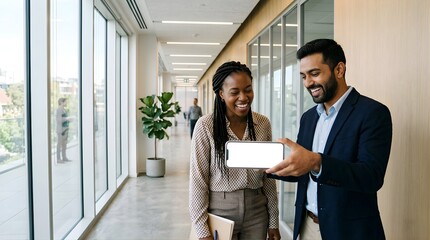 Fototapeta premium Two business colleagues smiling while holding a blank mobile screen
