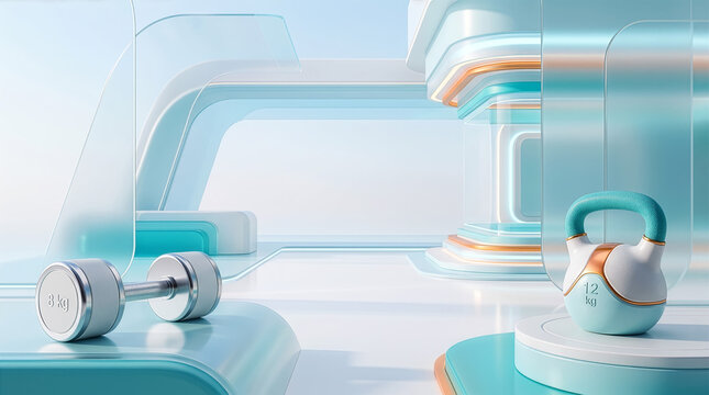 Futuristic fitness studio with an 8 kg dumbbell and 12 kg kettlebell on glossy teal and white platforms, featuring clean architecture and ample copy space.