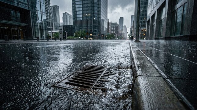 Heavy rain falling on city street with storm drain water runoff flooding downpour precipitation infrastructure overflow stormwater environment building drainage drainpipe