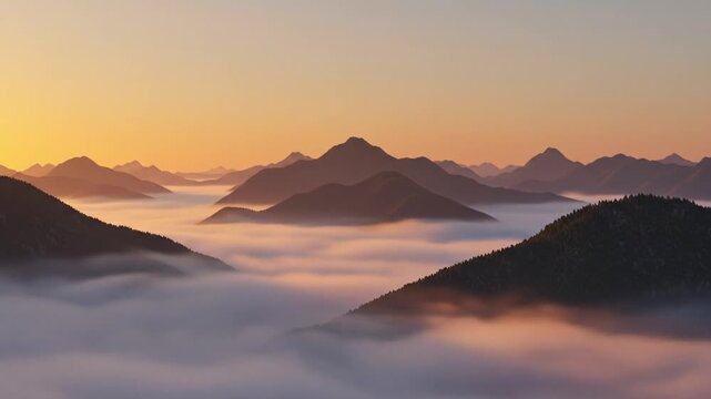 Mountain peaks emerge from a blanket of fog under a warm orangetinted sky