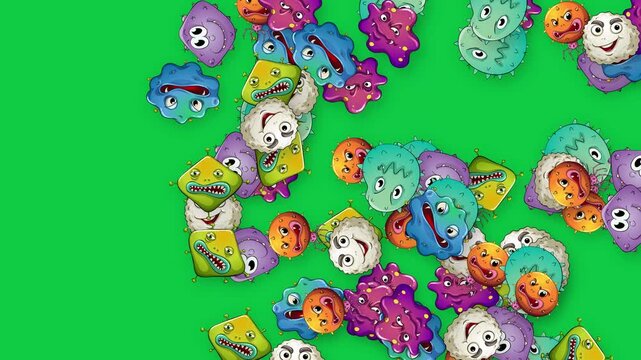 Cartoon Germs and Bacteria Floating on Green Background