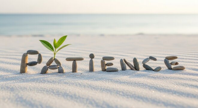 A serene image shows the word "PATIENCE" spelled out with various stones arranged on a sandy beach.