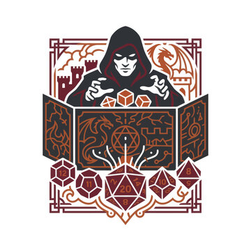 A hooded dungeon master casting spells over tabletop roleplaying dice
