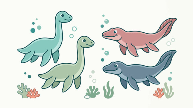 A group of colorful cartoon plesiosaurs and marine reptiles swim together in an underwater scene with bubbles and seaweed.