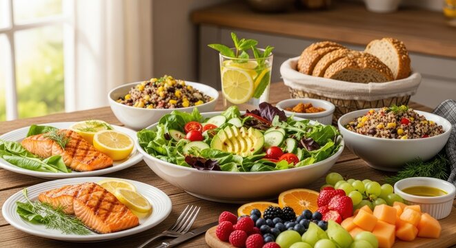 A beautifully arranged healthy meal is displayed on a rustic wooden table.