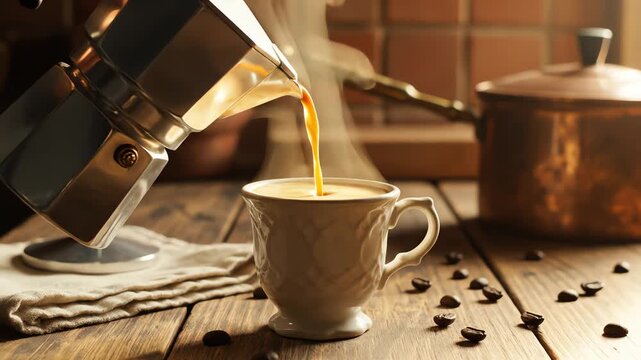 Pouring hot coffee from moka pot into ceramic cup on wooden table