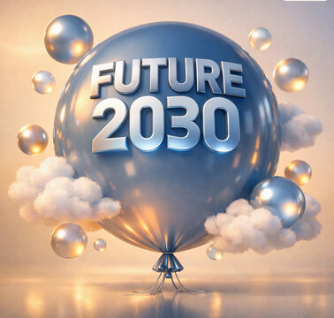 Future 2030 Concept Balloon with Floating Clouds and Metallic Spheres &ndash; Futuristic Innovation and Vision