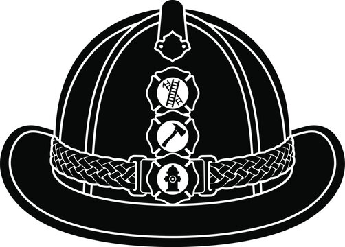 Black silhouette of a firefighter helmet with rescue service emblems, traditional fireman hat isolated on white background