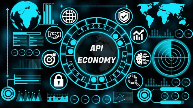 Strategic API economy concept with interconnected business technology internet icons supporting enterprise decision making and growth. 4k animation video 