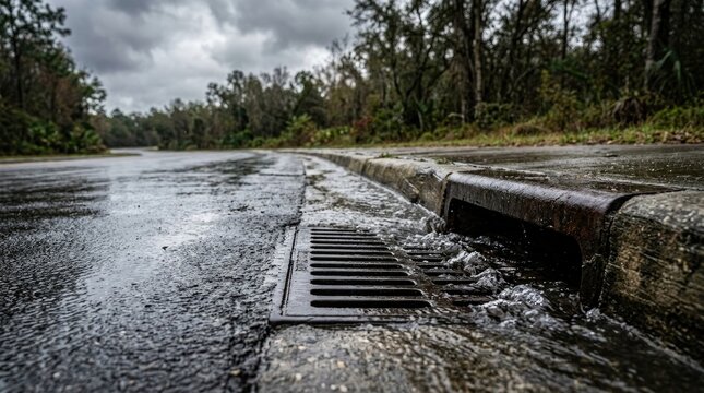 Rainwater runoff entering metal storm drainage grate on wet road shoulder with drainage stormwater infrastructure precipitation flooding environment shoulder concrete