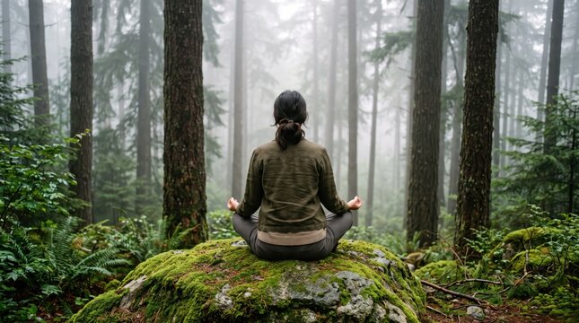 Woman meditating on mossy rock in misty forest, mindfulness practice, yoga pose, spiritual connection with nature, inner peace, zen atmosphere, tall pine trees, foggy morning